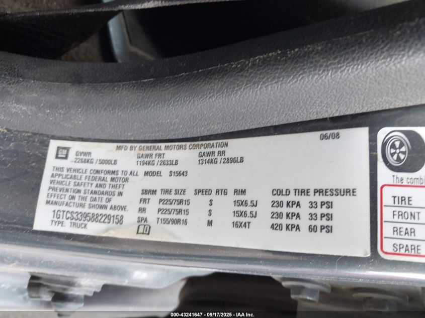 2008 GMC Canyon Sle1 VIN: 1GTCS339588229158 Lot: 43241647