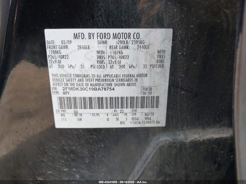 2009 Ford Edge Sport VIN: 2FMDK30C19BA78754 Lot: 43241655