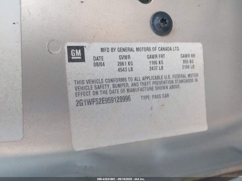 2005 Chevrolet Impala VIN: 2G1WF52E959120996 Lot: 43241661