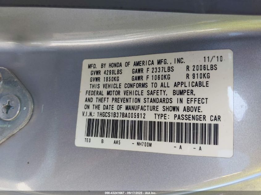 2011 Honda Accord 2.4 Lx-S VIN: 1HGCS1B37BA005912 Lot: 43241667