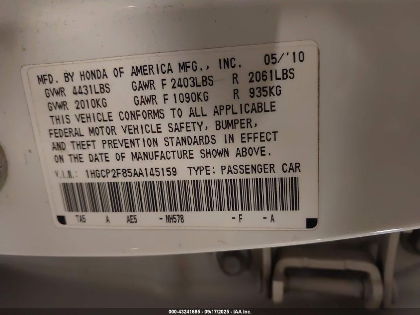 2010 Honda Accord 2.4 Ex-L VIN: 1HGCP2F85AA145159 Lot: 43241685