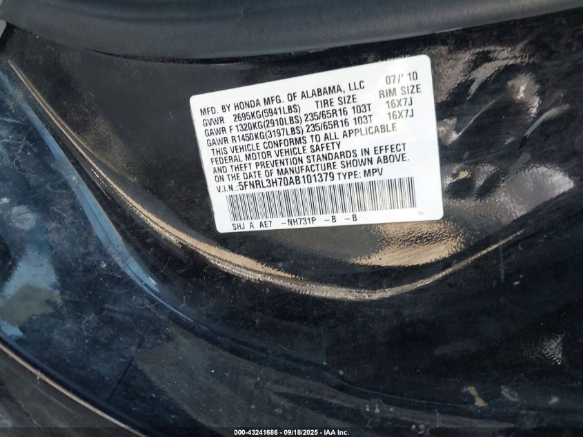 2010 Honda Odyssey Ex-L VIN: 5FNRL3H70AB101379 Lot: 43241686