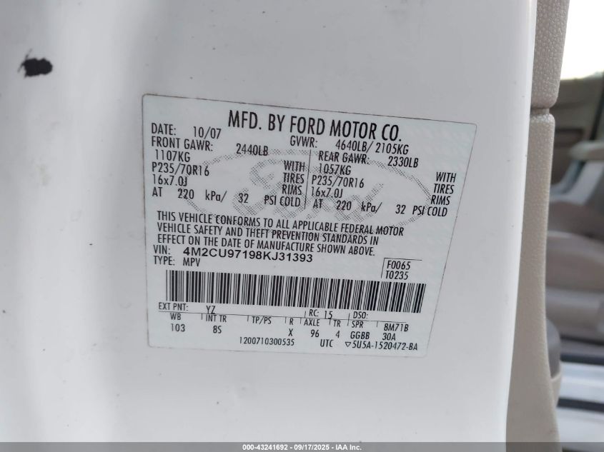 2008 Mercury Mariner Premier VIN: 4M2CU97198KJ31393 Lot: 43241692