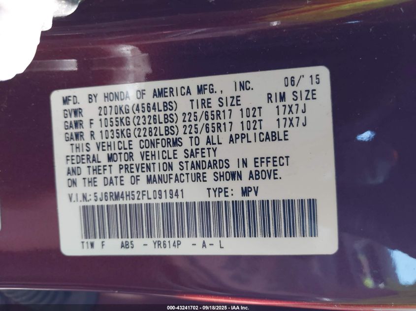 2015 Honda Cr-V Ex VIN: 5J6RM4H52FL091941 Lot: 43241702