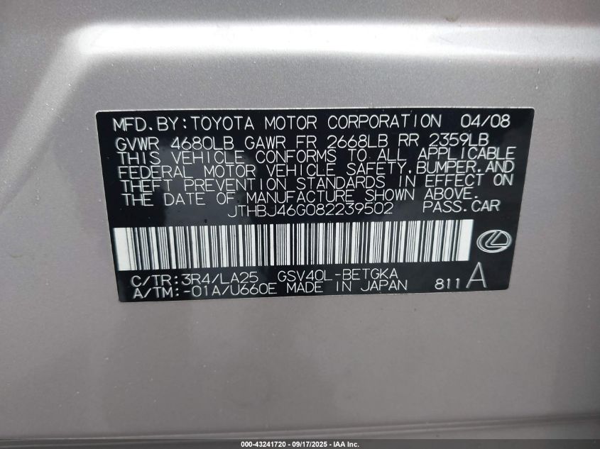 2008 Lexus Es 350 VIN: JTHBJ46G082239502 Lot: 43241720