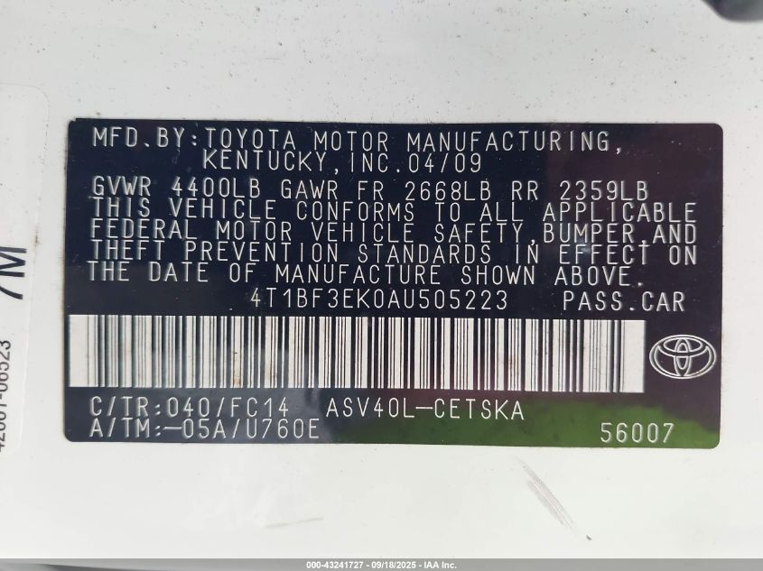 2010 Toyota Camry Se VIN: 4T1BF3EK0AU505223 Lot: 43241727