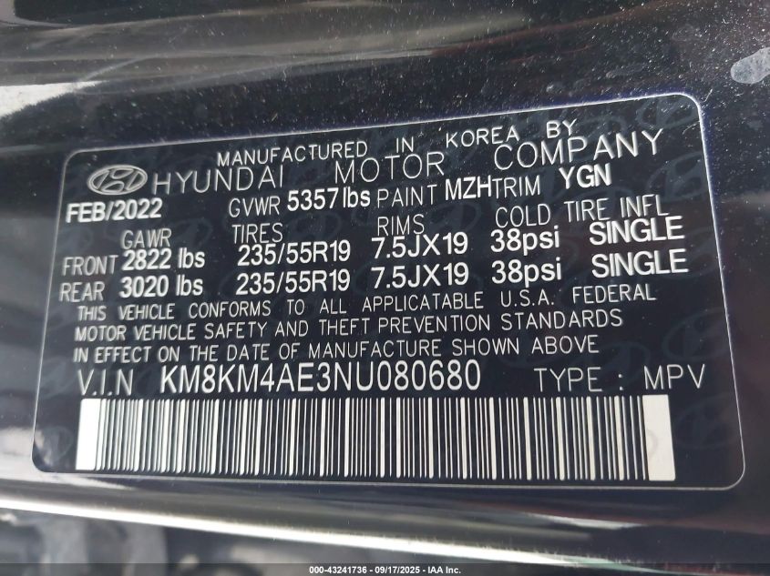 2022 Hyundai Ioniq 5 Se VIN: KM8KM4AE3NU080680 Lot: 43241736