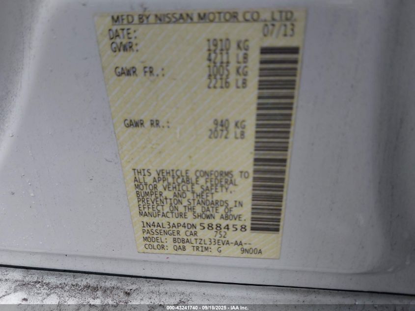 2013 Nissan Altima 2.5 Sv VIN: 1N4AL3AP4DN588458 Lot: 43241740