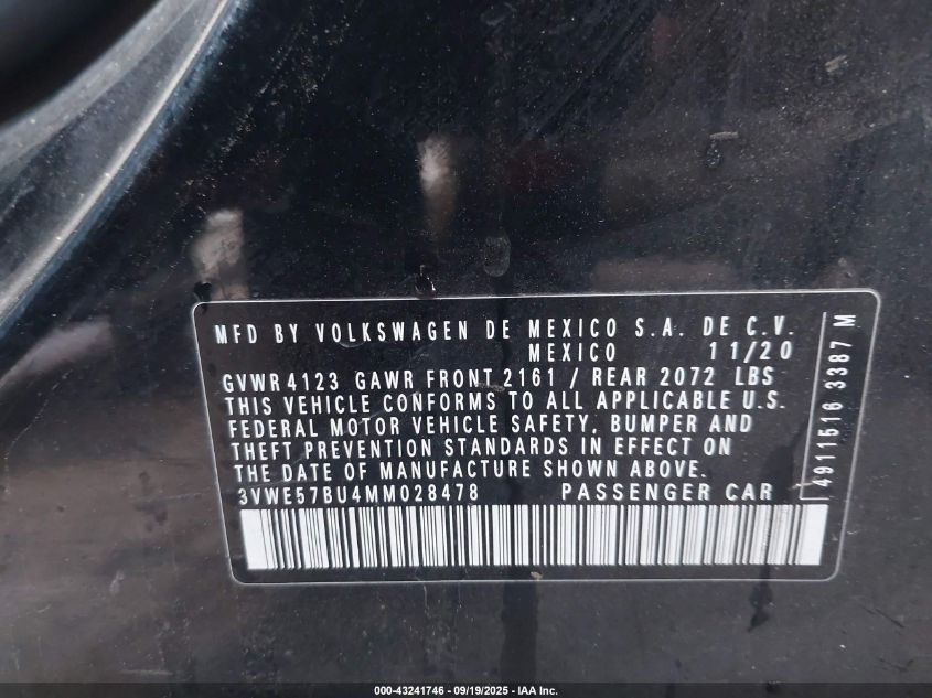 2021 Volkswagen Jetta 1.4T Sel VIN: 3VWE57BU4MM028478 Lot: 43241746