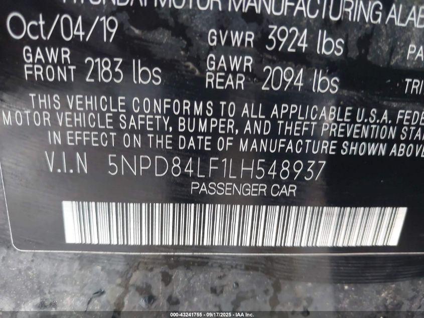 2020 Hyundai Elantra Sel VIN: 5NPD84LF1LH548937 Lot: 43241755