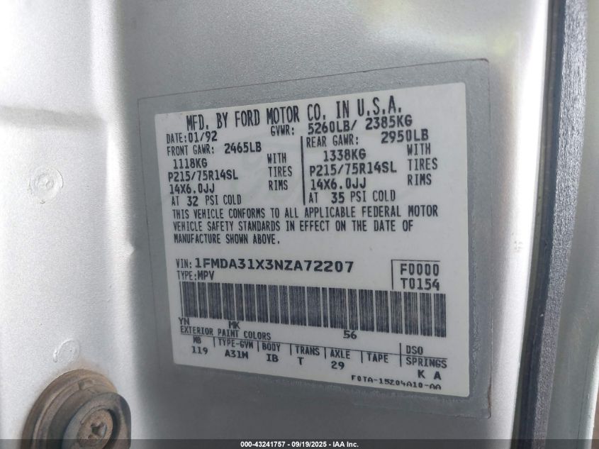 1992 Ford Aerostar VIN: 1FMDA31X3NZA72207 Lot: 43241757