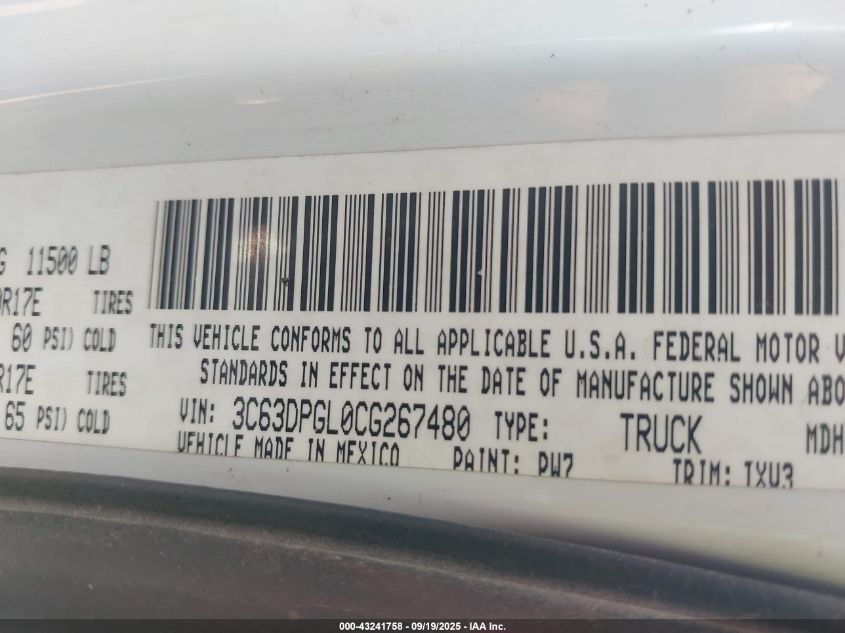 2012 Ram 3500 St VIN: 3C63DPGL0CG267480 Lot: 43241758