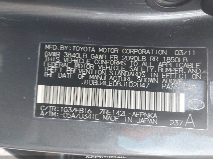 2011 Toyota Corolla Le VIN: JTDBU4EE0BJ102047 Lot: 43241760