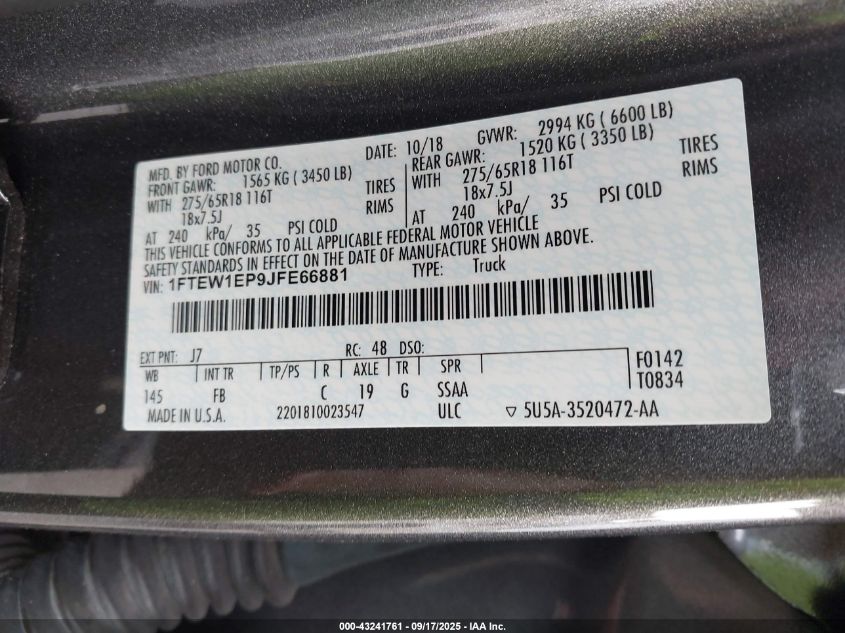 2018 Ford F-150 Xlt VIN: 1FTEW1EP9JFE66881 Lot: 43241761