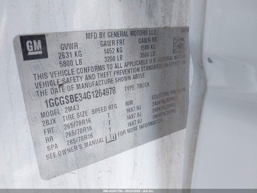 2016 Chevrolet Colorado Wt VIN: 1GCGSBE34G1264978 Lot: 43241794