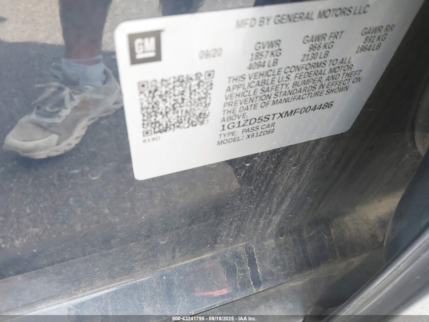 2021 Chevrolet Malibu Fwd Lt VIN: 1G1ZD5STXMF004486 Lot: 43241798