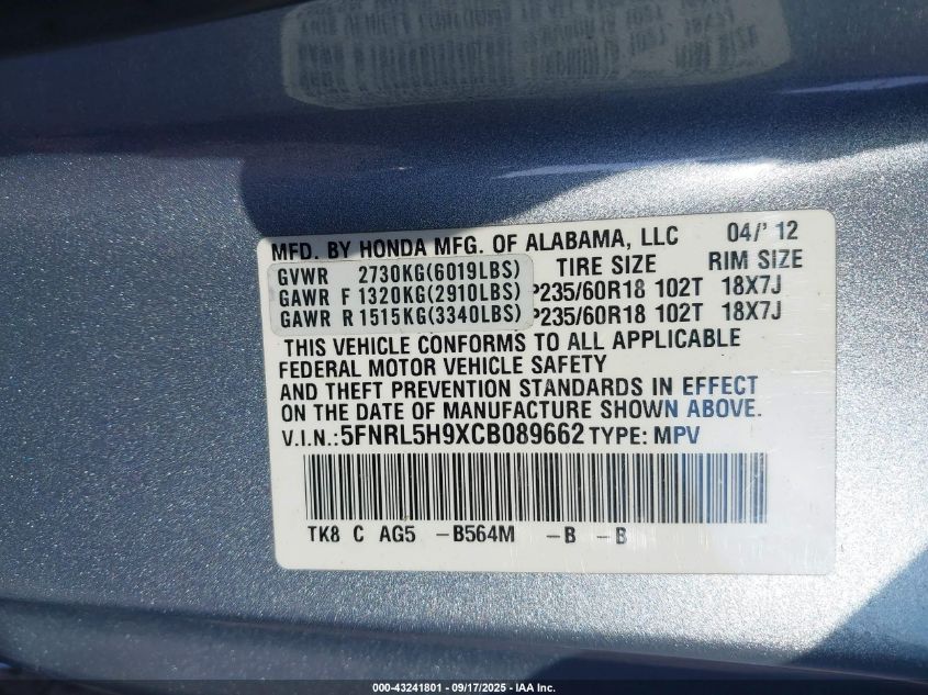 2012 Honda Odyssey Touring/Touring Elite VIN: 5FNRL5H9XCB089662 Lot: 43241801