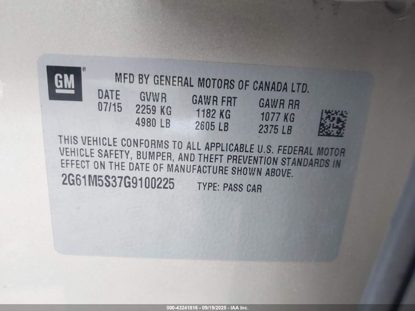 2016 Cadillac Xts Luxury Collection VIN: 2G61M5S37G9100225 Lot: 43241816