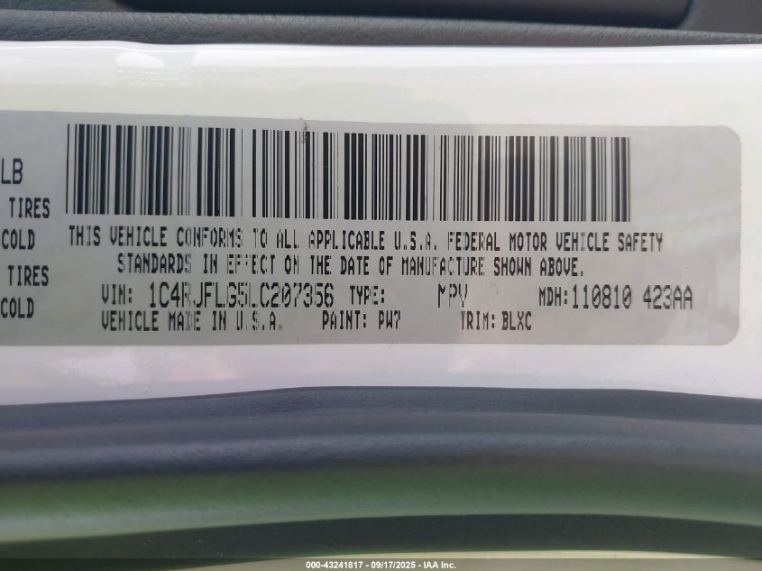 2020 Jeep Grand Cherokee Trailhawk 4X4 VIN: 1C4RJFLG5LC207356 Lot: 43241817