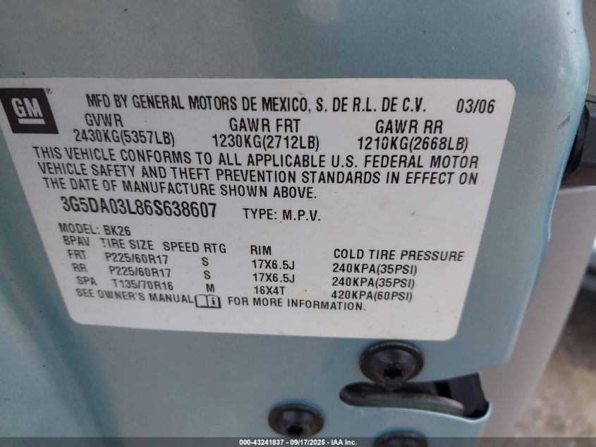 2006 Buick Rendezvous Cx VIN: 3G5DA03L86S638607 Lot: 43241837