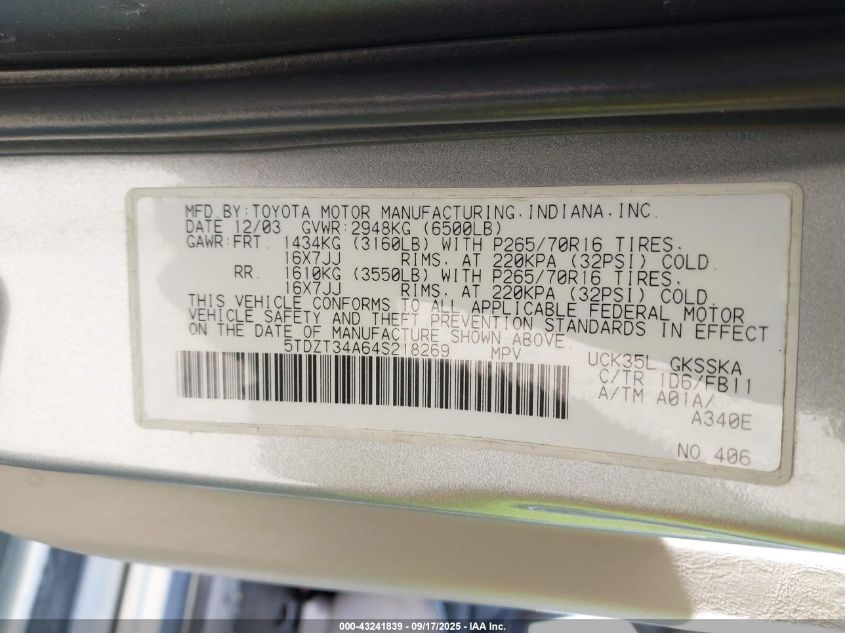 2004 Toyota Sequoia Sr5 V8 VIN: 5TDZT34A64S218269 Lot: 43241839