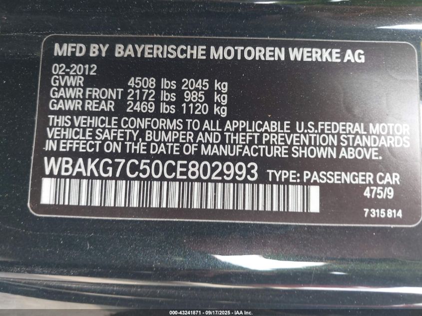 2012 BMW 335 VIN: 0WBAKG7C50CE80299 Lot: 43241871