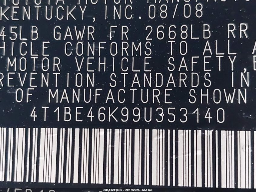 2009 Toyota Camry Le VIN: 4T1BE46K99U353140 Lot: 43241886