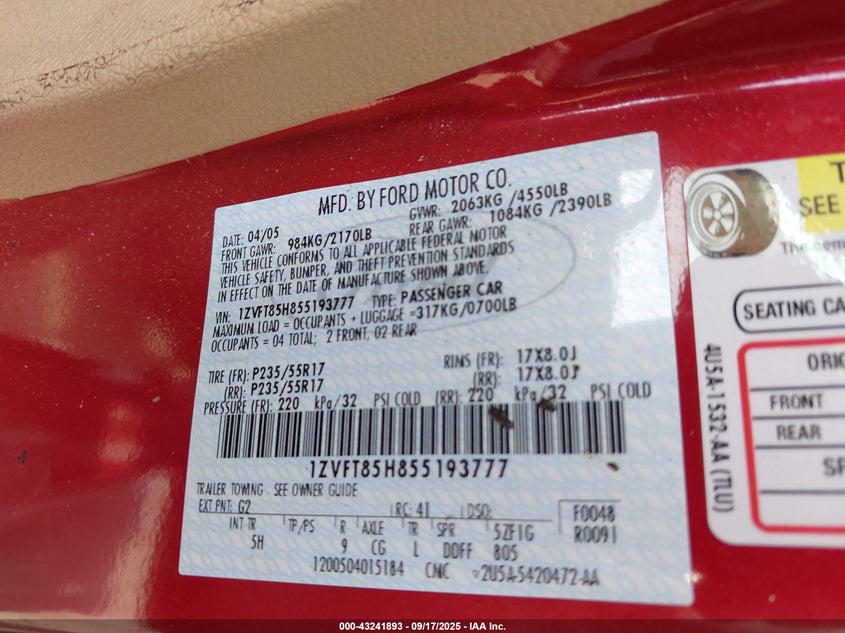 2005 Ford Mustang Gt VIN: 1ZVFT85H855193777 Lot: 43241893