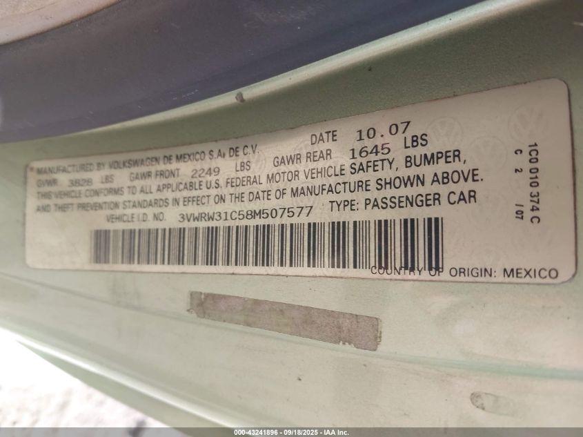2008 Volkswagen New Beetle S/Se VIN: 3VWRW31C58M507577 Lot: 43241896
