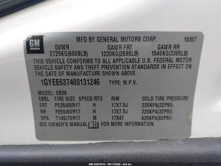 2008 Cadillac Srx V6 VIN: 1GYEE637480131246 Lot: 43241912