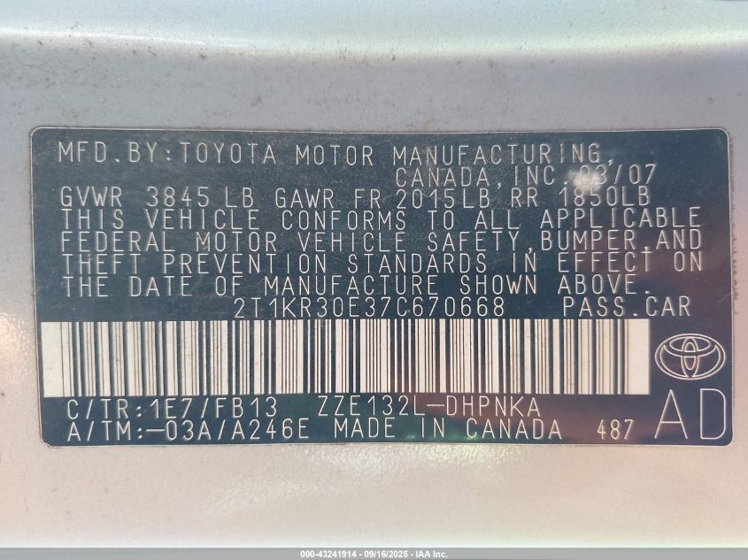 2007 Toyota Matrix Xr VIN: 2T1KR30E37C670668 Lot: 43241914