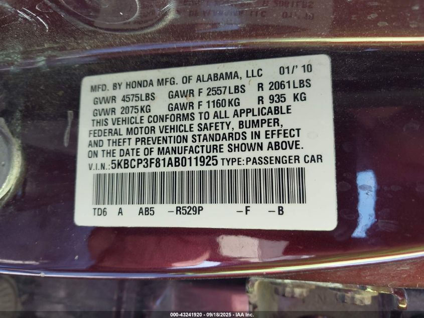 2010 Honda Accord 3.5 Ex-L VIN: 5KBCP3F81AB011925 Lot: 43241920