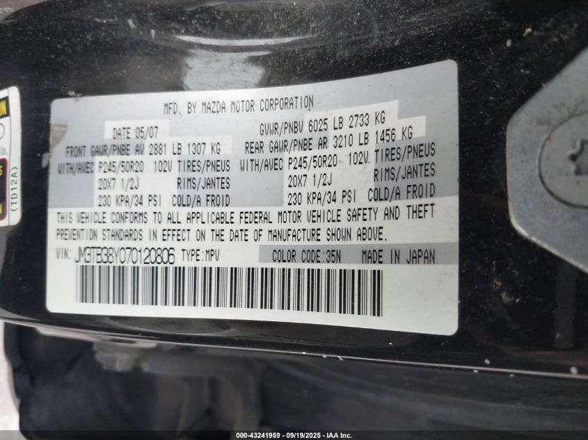 2007 Mazda Cx-9 Grand Touring VIN: JM3TB38Y070120806 Lot: 43241959