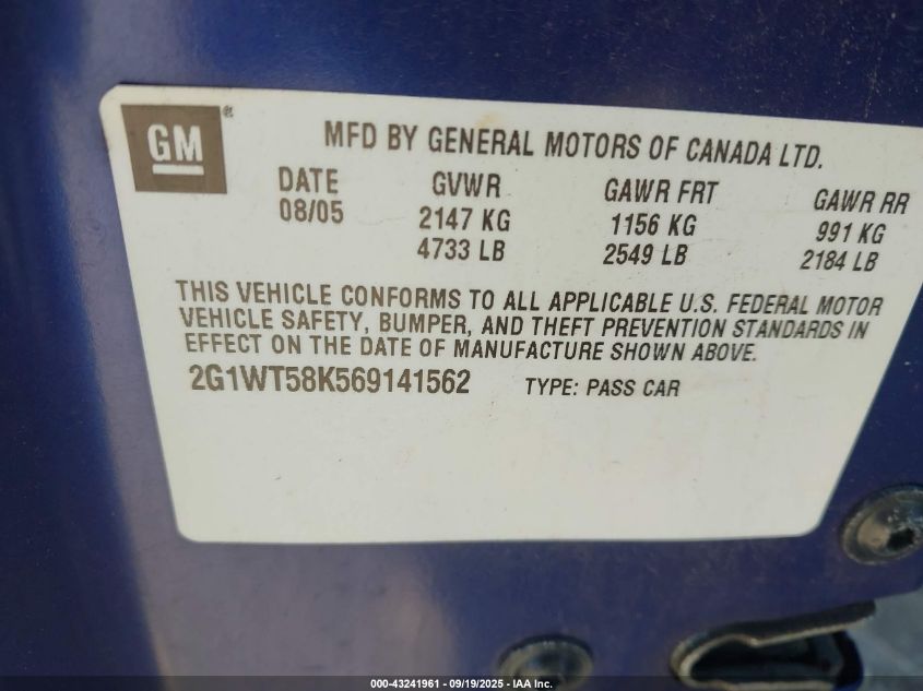 2006 Chevrolet Impala Lt VIN: 2G1WT58K569141562 Lot: 43241961