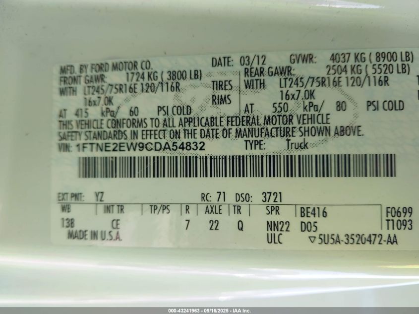 2012 Ford E-250 Commercial VIN: 1FTNE2EW9CDA54832 Lot: 43241963