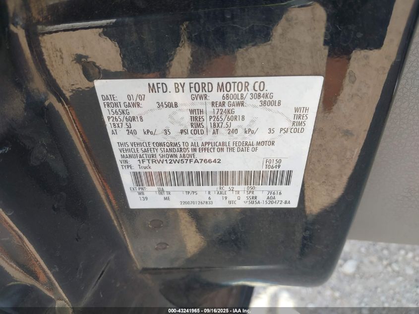 2007 Ford F-150 Xlt VIN: 1FTRW12W57FA76642 Lot: 43241965