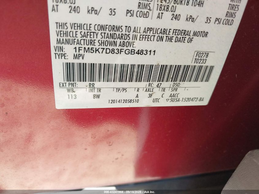 2015 Ford Explorer Xlt VIN: 1FM5K7D83FGB48311 Lot: 43241966