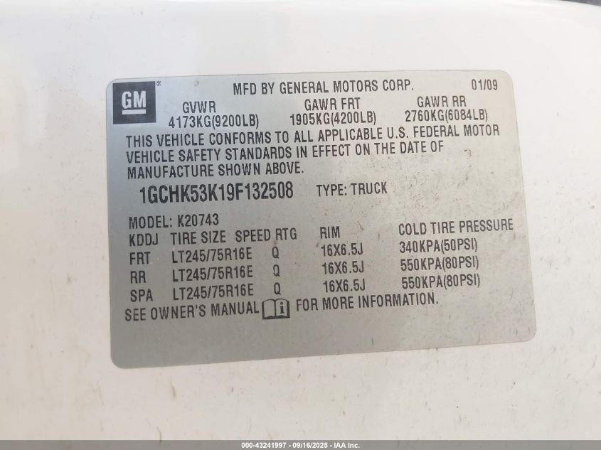 2009 Chevrolet Silverado 2500Hd Lt VIN: 1GCHK53K19F132508 Lot: 43241997