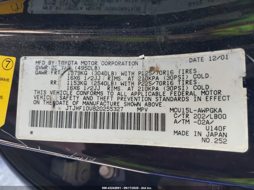 2002 Lexus Rx 300 VIN: JTJHF10U820255327 Lot: 43242001