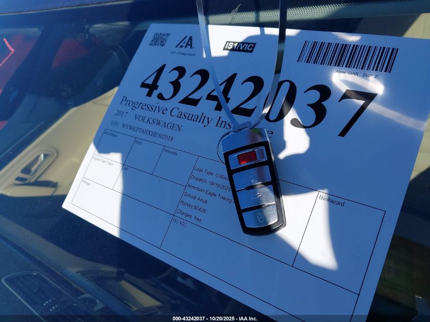 2017 Volkswagen Cc 2.0T Sport VIN: WVWKP7ANXHE502018 Lot: 43242037