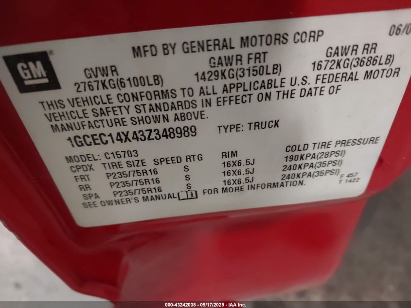 2003 Chevrolet Silverado 1500 VIN: 1GCEC14X43Z348989 Lot: 43242038