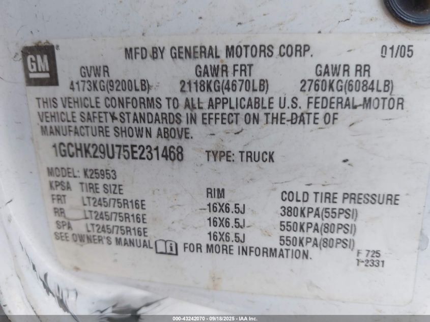 2005 Chevrolet Silverado 2500Hd VIN: 1GCHK29U75E231468 Lot: 43242070