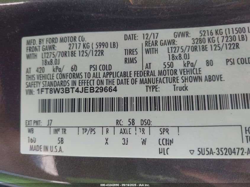 2018 Ford F-350 Lariat VIN: 1FT8W3BT4JEB29664 Lot: 43242090