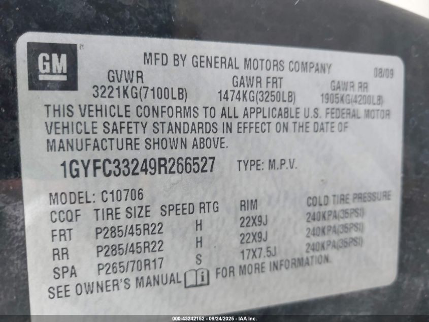 2009 Cadillac Escalade Platinum Edition VIN: 1GYFC33249R266527 Lot: 43242152