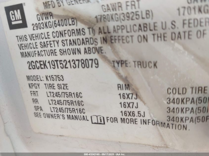 2002 Chevrolet Silverado 1500 Ls VIN: 2GCEK19T521378079 Lot: 43242169