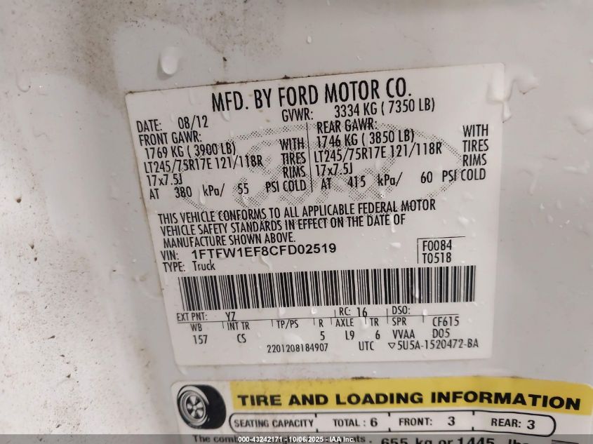 2012 Ford F-150 Xl VIN: 1FTFW1EF8CFD02519 Lot: 43242171