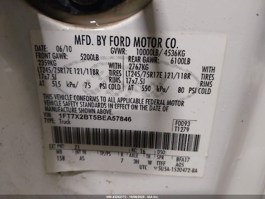 2011 Ford F-250 Xl VIN: 1FT7X2BT5BEA57846 Lot: 43242172