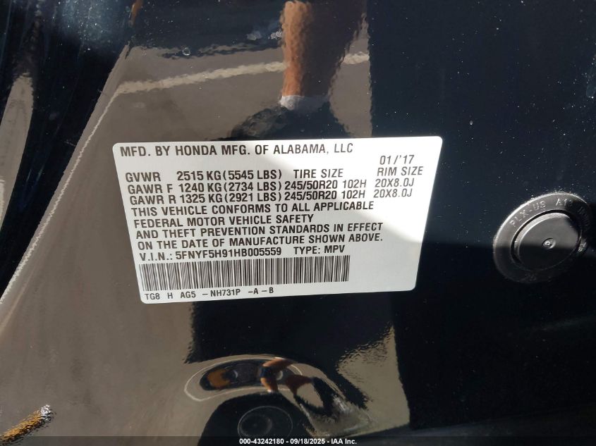 2017 Honda Pilot Touring VIN: 5FNYF5H91HB005559 Lot: 43242180