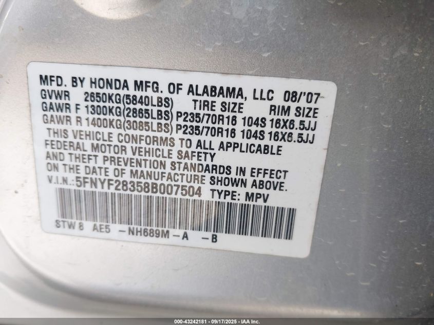 2008 Honda Pilot Se VIN: 5FNYF28358B007504 Lot: 43242181