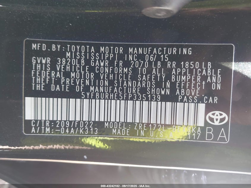 2015 Toyota Corolla L/Le/Le Pls/Prm/S/S Pls VIN: 0005YFBURHE5FP335 Lot: 43242182